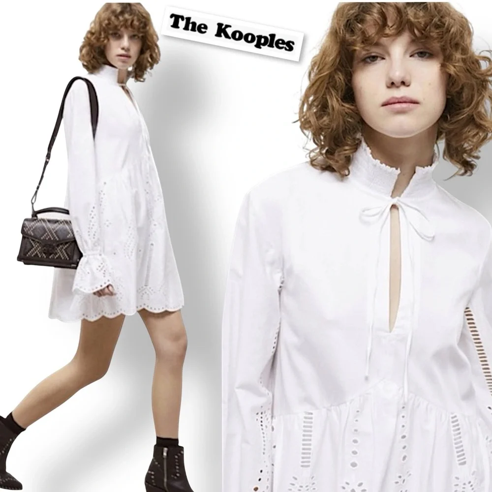 The Kooples Paris White Mini Dress With Broderie Anglaise Long Sleeve Size 2